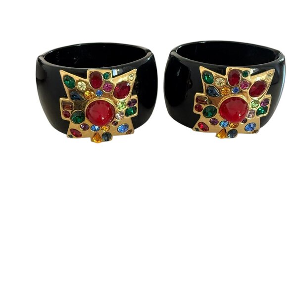 SET OF TWO Kenneth Jay Lane Large Ruby Center Black Maltese Cross Cuff bracelet - Picture 2 of 11